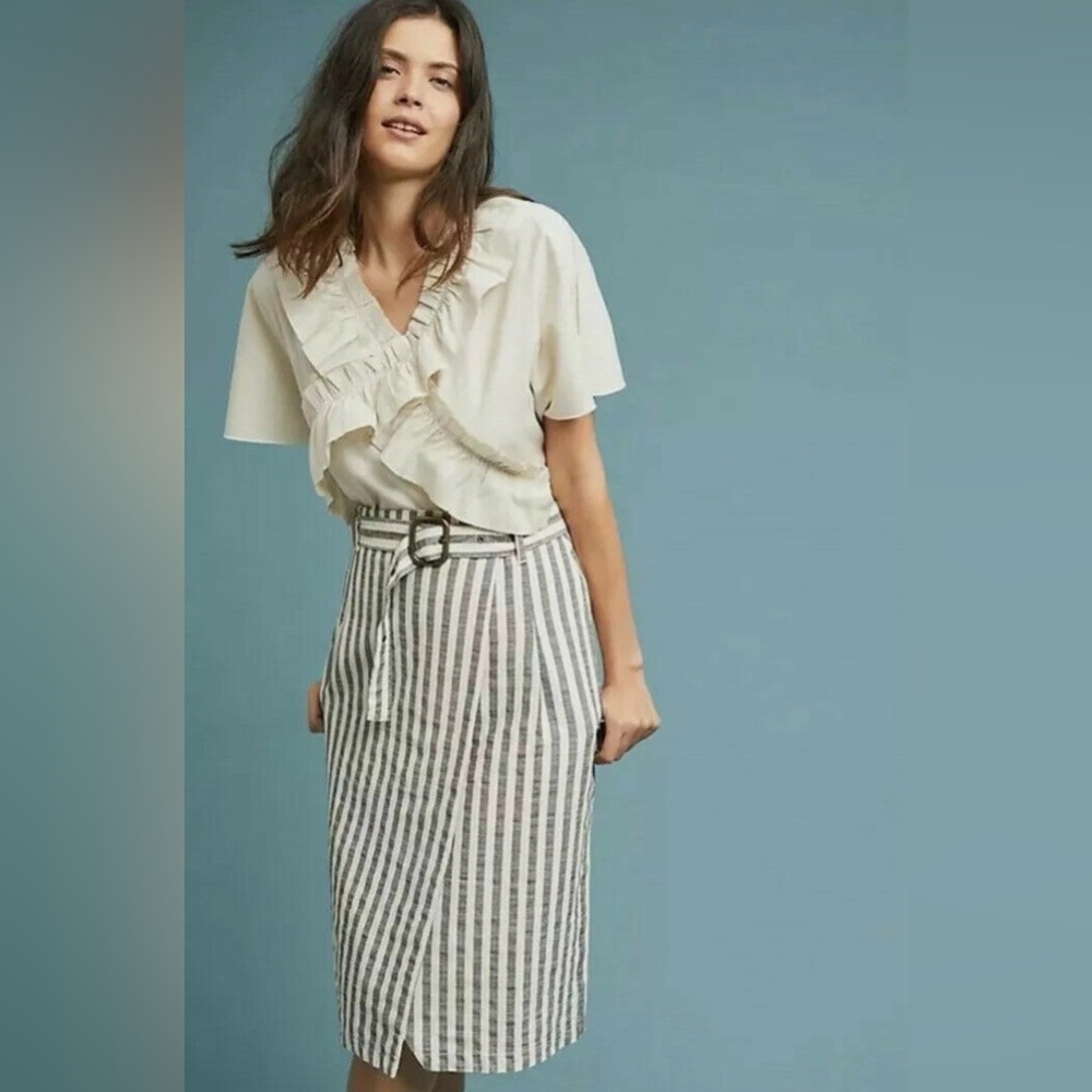 By Anthropologie Striped Belted Wrap Skirt Size 6